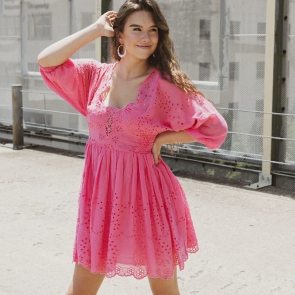 Free people pink fizz lottie eyelet mini dress Valentine’s Day galentines
